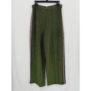 H&M Pants Women 10 Metallic Green Glitter Wide Leg Side Stripe High Waist Disco
